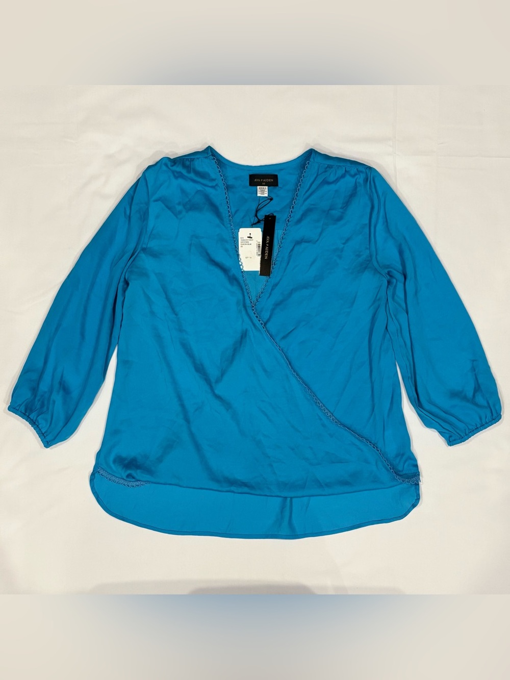 AVA & AIDEN Faux Wrap Blouse Top Size XS Blue Long Sleeve 3/4 Sleeve V-Neck NWT